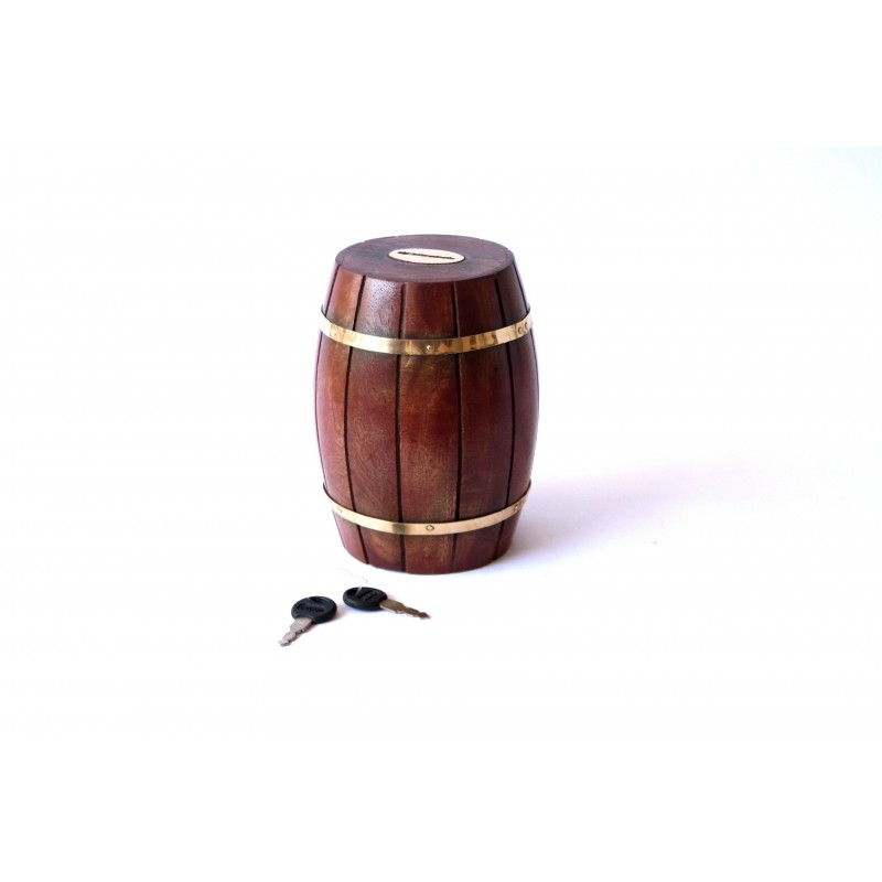 Exquisitely hand crafted wooden barrel shaped piggy bank money storage box with keys.