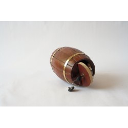 Exquisitely hand crafted wooden barrel shaped piggy bank money storage box with keys.