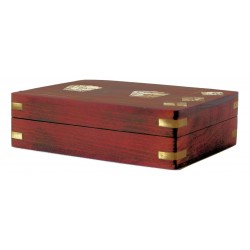 Standard double deck playing cards & dice holder in decorative wooden storage box with fine brass inlay.