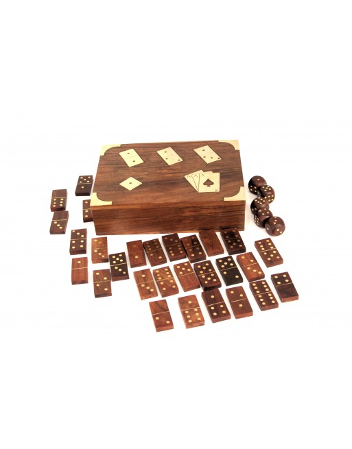 Standard 28 pieces dominoes set and 5 dices in a decorative wooden storage box with fine brass inlay.