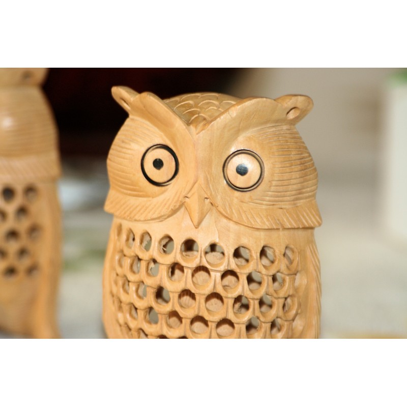 Pair of two adorable hand carved wooden owls.