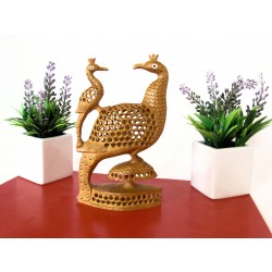 Hand carved wooden peacock with chick figurine