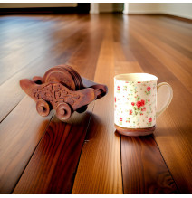 Exquisitely hand crafted wooden coasters with a trolley shaped holder