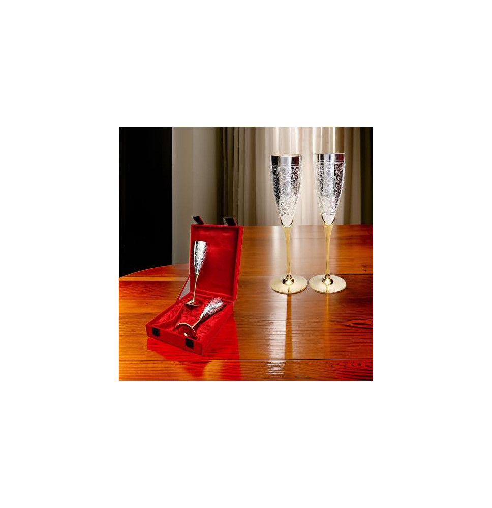 Silver Plated Brass Champagne Flutes in Red Velvet Gift Box